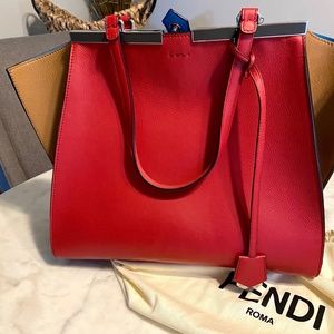FENDI Vitello Elite Leather 3Jours Tote in Crimson & Orzo (Rare Color Combo)